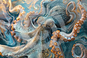 A close-up of an octopus overlaid with the swirling patterns of ocean currents in a double exposure