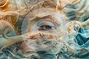 A close-up of an octopus overlaid with the swirling patterns of ocean currents in a double exposure