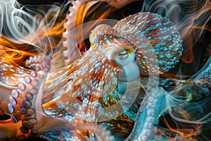 A close-up of an octopus overlaid with the swirling patterns of ocean currents in a double exposure