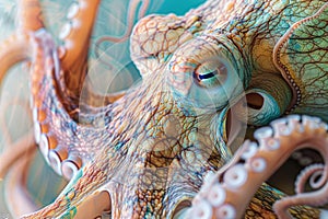 A close-up of an octopus overlaid with the swirling patterns of ocean currents in a double exposure