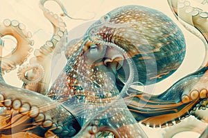 A close-up of an octopus overlaid with the swirling patterns of ocean currents in a double exposure