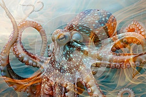 A close-up of an octopus overlaid with the swirling patterns of ocean currents in a double exposure