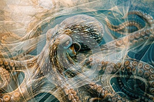 A close-up of an octopus overlaid with the swirling patterns of ocean currents in a double exposure