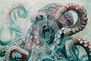 A close-up of an octopus overlaid with the swirling patterns of ocean currents in a double exposure