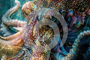 A close-up of an octopus overlaid with the swirling patterns of ocean currents in a double exposure