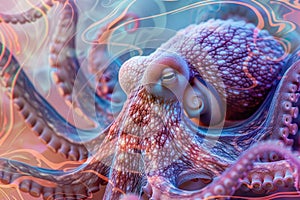 A close-up of an octopus overlaid with the swirling patterns of ocean currents in a double exposure