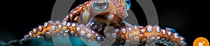 Close-up of an octopus with tentacles extending over a rock underwater in the dark ocean photo