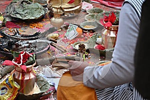 Close up of the offers during a typical newari wedding in the courtyard of a hindu temple in Kirtipur, Nepal