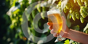 Close-up oh hand with glass of beer in green hops background