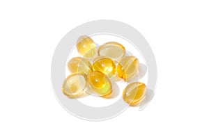 Close up of  oil filled capsules suitable for: fish oil, omega 3, omega 6, omega 9,  vitamin A, vitamin D, vitamin D3, vitamin E