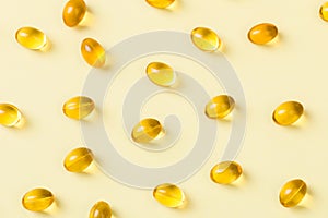 Close up of  oil filled capsules suitable for: fish oil, omega 3, omega 6, omega 9,  vitamin A, vitamin D, vitamin D3, vitamin E