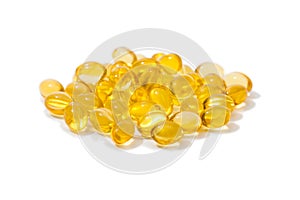 Close up of  oil filled capsules suitable for: fish oil, omega 3, omega 6, omega 9,  vitamin A, vitamin D, vitamin D3, vitamin E