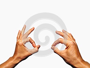 Close up OK hand gesture isolated on white backdround