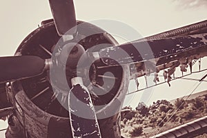 Close up of old airplane. Old style photo