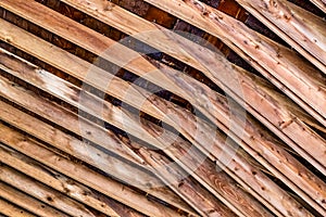 Old barn roof frame, rafters, being rehabilitated in a new development