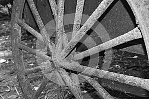 Close Up old bicycle wheels with rusty, Back wheel of old bike, Old rusty bicycle chain and back wheel