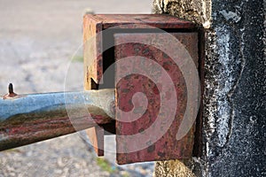 Close up old boundary gate lock for security