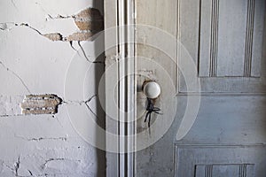 Close-up of an old building , closed white wooden door