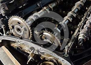 Close up old camshafts of disassembled engine