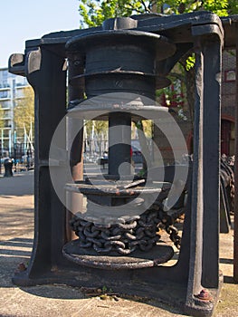 Close-up of old capstan at Greenland Dock, London, UK