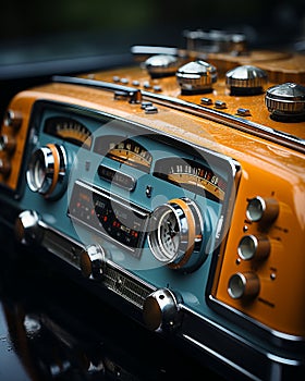 a close up of an old car radio