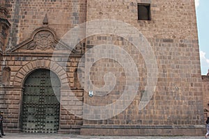 Close up of old catholic cathedral facade in Cuzco Peru