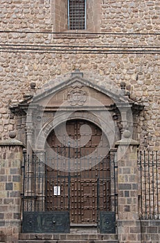 Close up of old catholic church facade in Cuzco Peru