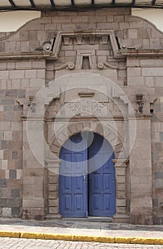 Close up of old catholic church facade in Cuzco Peru