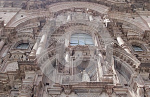 Close up of old catholic church facade in Cuzco Peru