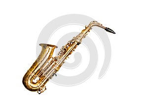 Close up old classic saxophone isolated on white background.Saved with clipping path