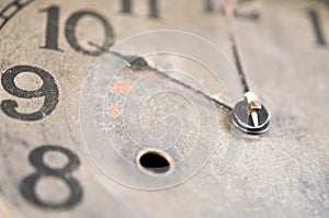 Close up of an old clock face at 10