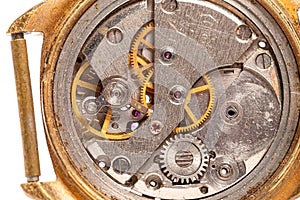 Close-up of old clock mechanism with gears