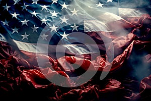 Close-up of old dark grunge USA flag. American Wave Vintage Flag Background