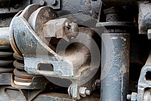 Close up of old diesel locomotive suspension