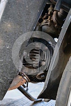 Close up of old and dirty motorbike engine, detail photo of the engine