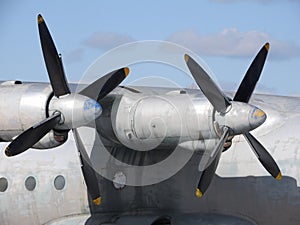Close - up of old engine and propeller plane