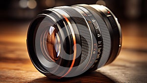 Close up of an old fashioned camera on a wooden table generated by AI