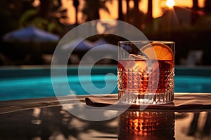 close-up of old fashioned glass with cocktail by pool