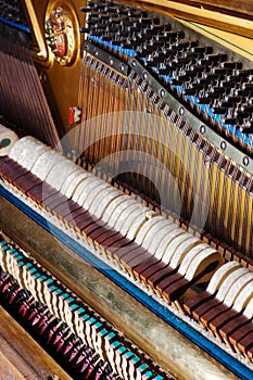 Close up of old inside element piano