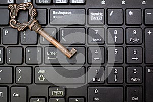 Close up old key and push-button the computer keyboard