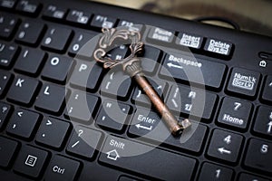 Close up old key and push-button the computer keyboard