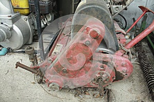 Close up old lawn mower,Mower components,old machine,engine