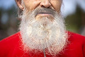 Close-up of an old man`s mouth, mustache and long gray beard