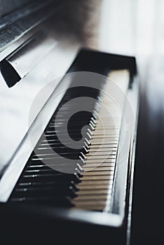 Close up of old piano keyboard.