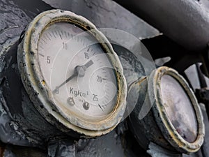 Close-up Old Pressure gauge, manometer  on pneumatic control system