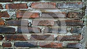 Close-up of old red brick wall with lots of texture and colors.