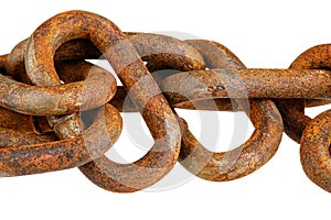Close up of old rusting chain isolated white background