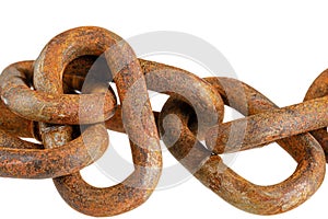 Close up of old rusting chain isolated white background