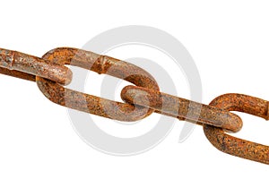 Close up of old rusting chain isolated white background