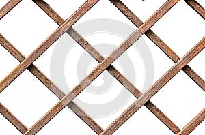 Close up old rusty brown metal fence pattern on white background